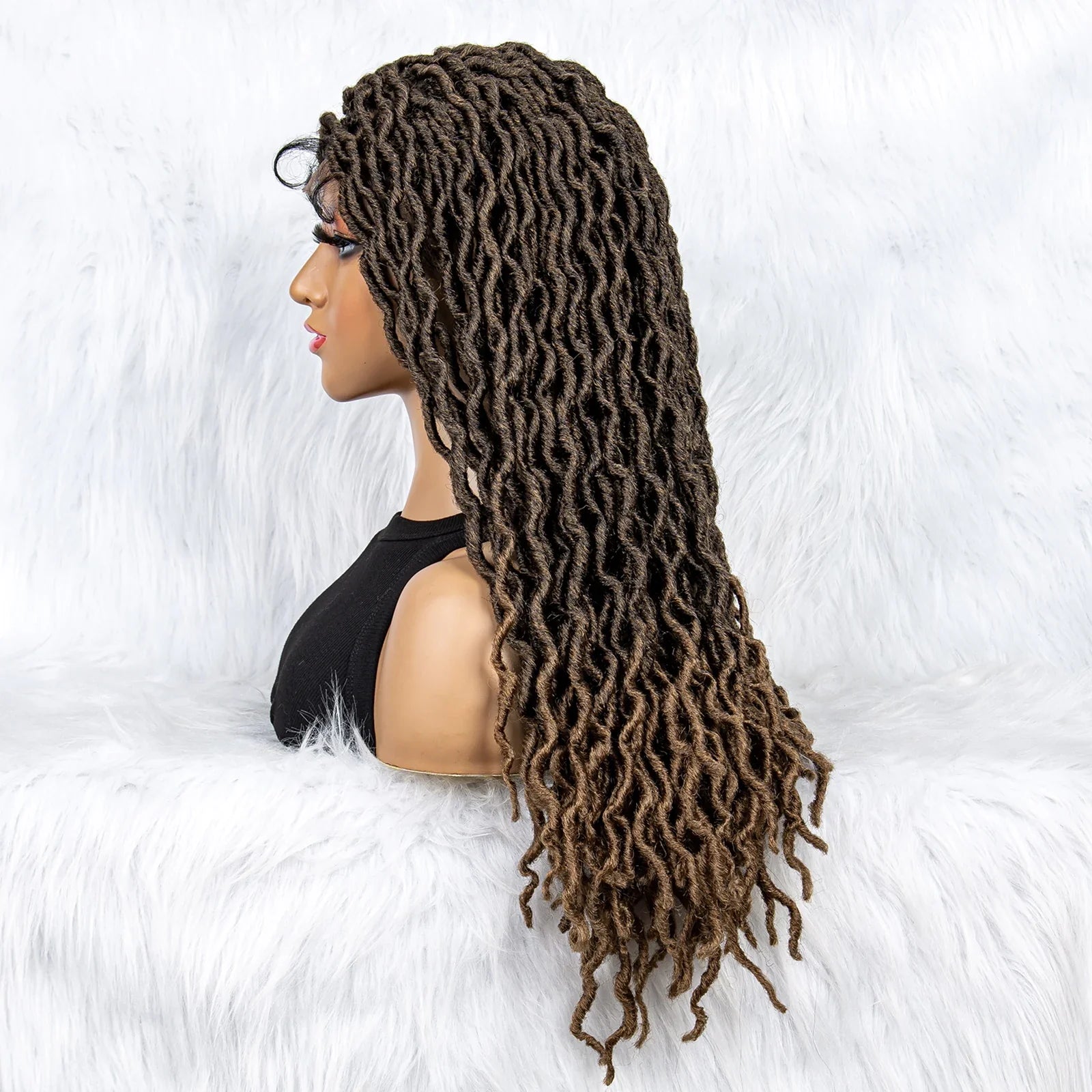 Perruque tressée sans nœuds avec pointes bouclées et cheveux de bébé | Perruque synthétique Lace Front pour femmes noires