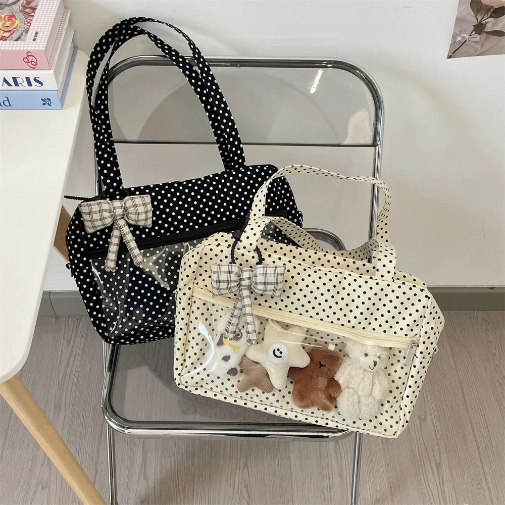 Sac Ita Y2K Ulzzang pour femmes | Sac à bandoulière et fourre-tout sous le bras en toile à pois tendance (Poche transparente, Mode jeune)