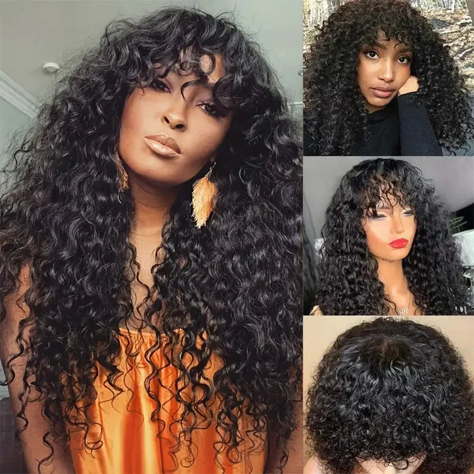 Perrque de 30 pouces ondulée, coupe lâche, avec frange | Cheveux brésiliens Remy humains, entièrement fabriqués à la machine (Naturelle, toutes les couleurs peuvent être teintes)