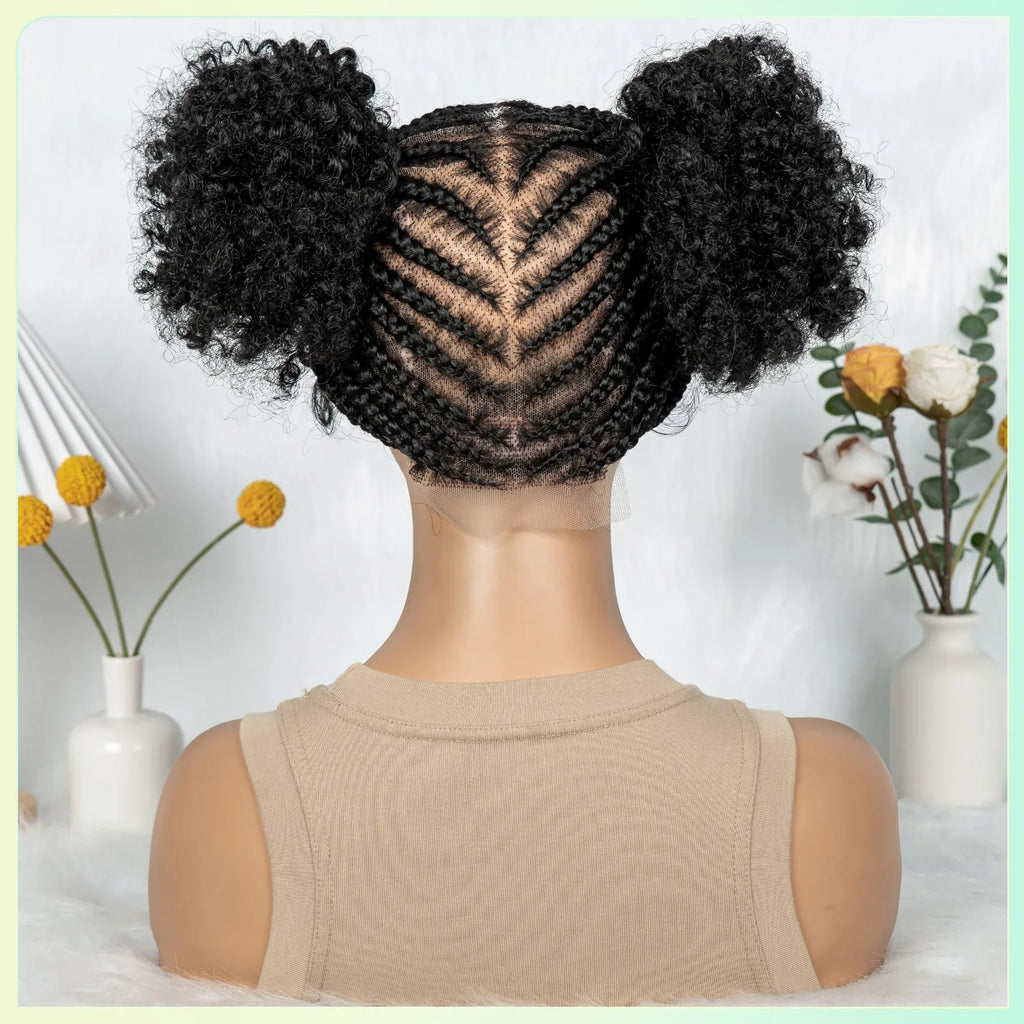 Perruque tressée HD en dentelle complète Cornrow et Box Braids avec deux chignons | Cheveux synthétiques en dentelle transparente pour femmes et filles noires