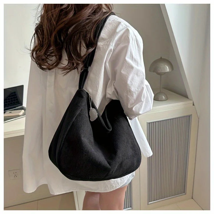 Sac à bandoulière en velours côtelé pour femme | Grand cabas décontracté rayé avec fermeture éclair (écusson chapeau mignon, usage quotidien)