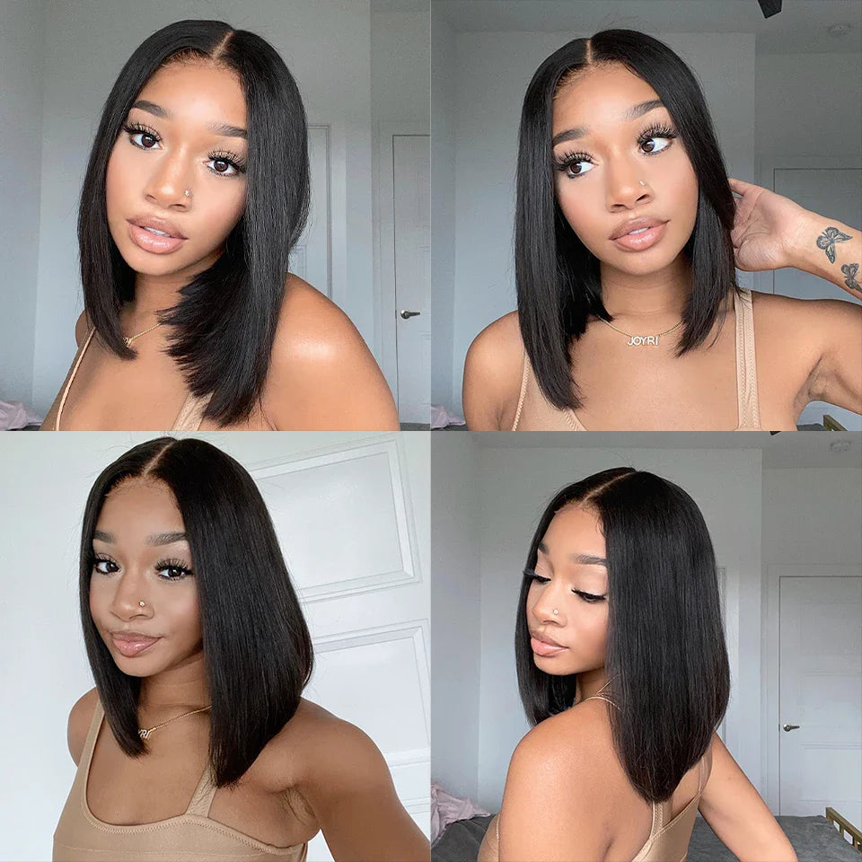 Perruque Bob Courte Droite Sans Colle 13x4 Lace Front Pré-Épilée avec Fermeture 4x4 Cheveux Humains Brésiliens Remy Ultra Lisses