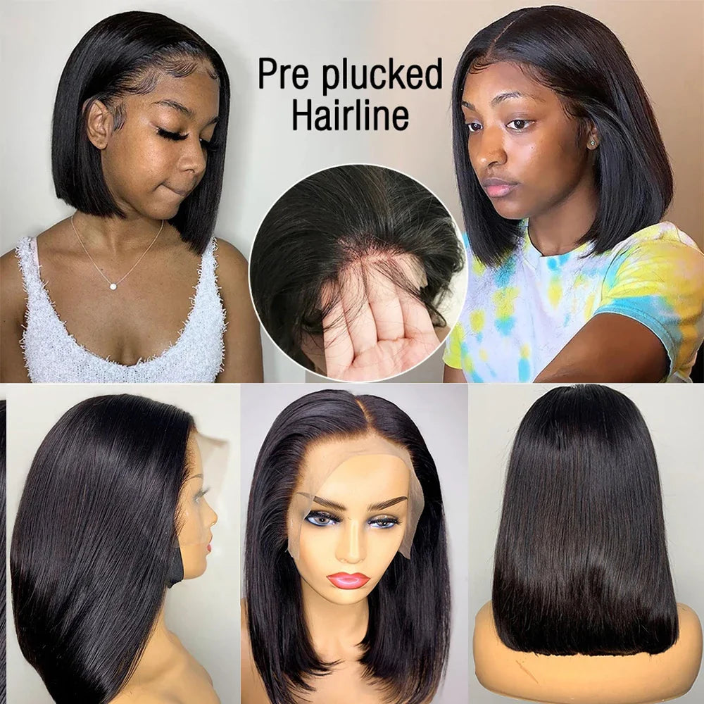 Perruque Bob Courte Droite Sans Colle 13x4 Lace Front Pré-Épilée avec Fermeture 4x4 Cheveux Humains Brésiliens Remy Ultra Lisses