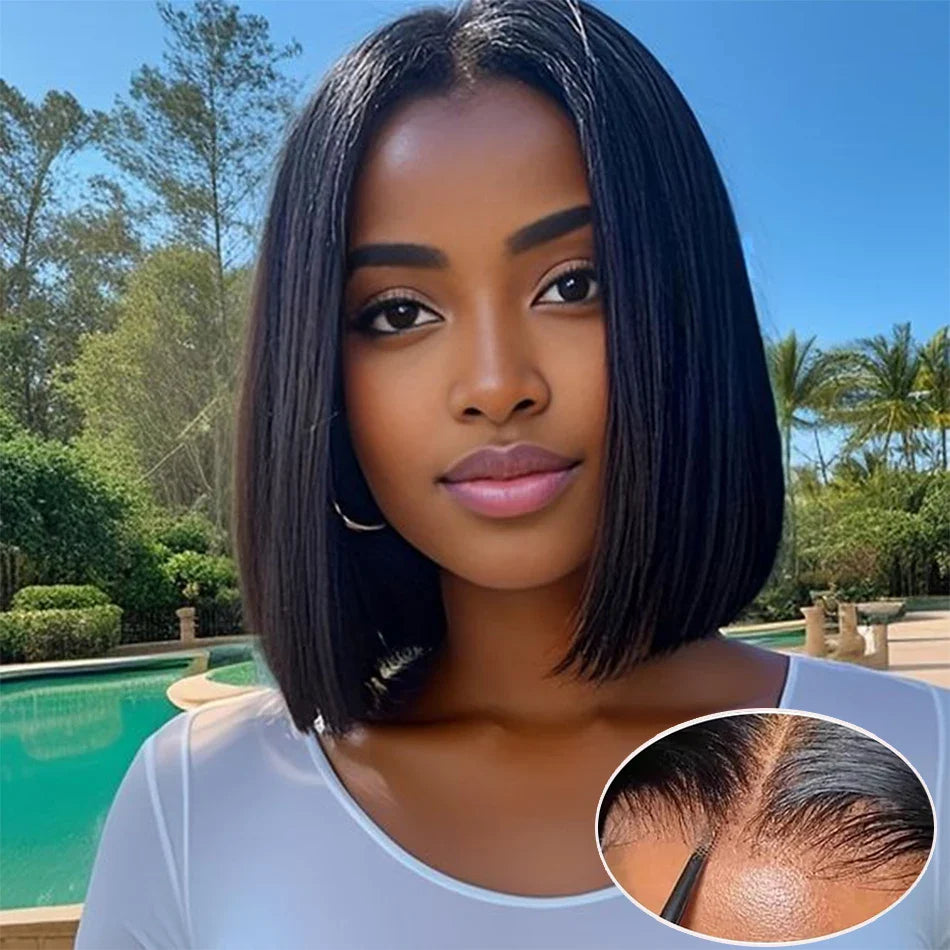 Perruque Bob Courte Droite Sans Colle 13x4 Lace Front Pré-Épilée avec Fermeture 4x4 Cheveux Humains Brésiliens Remy Ultra Lisses