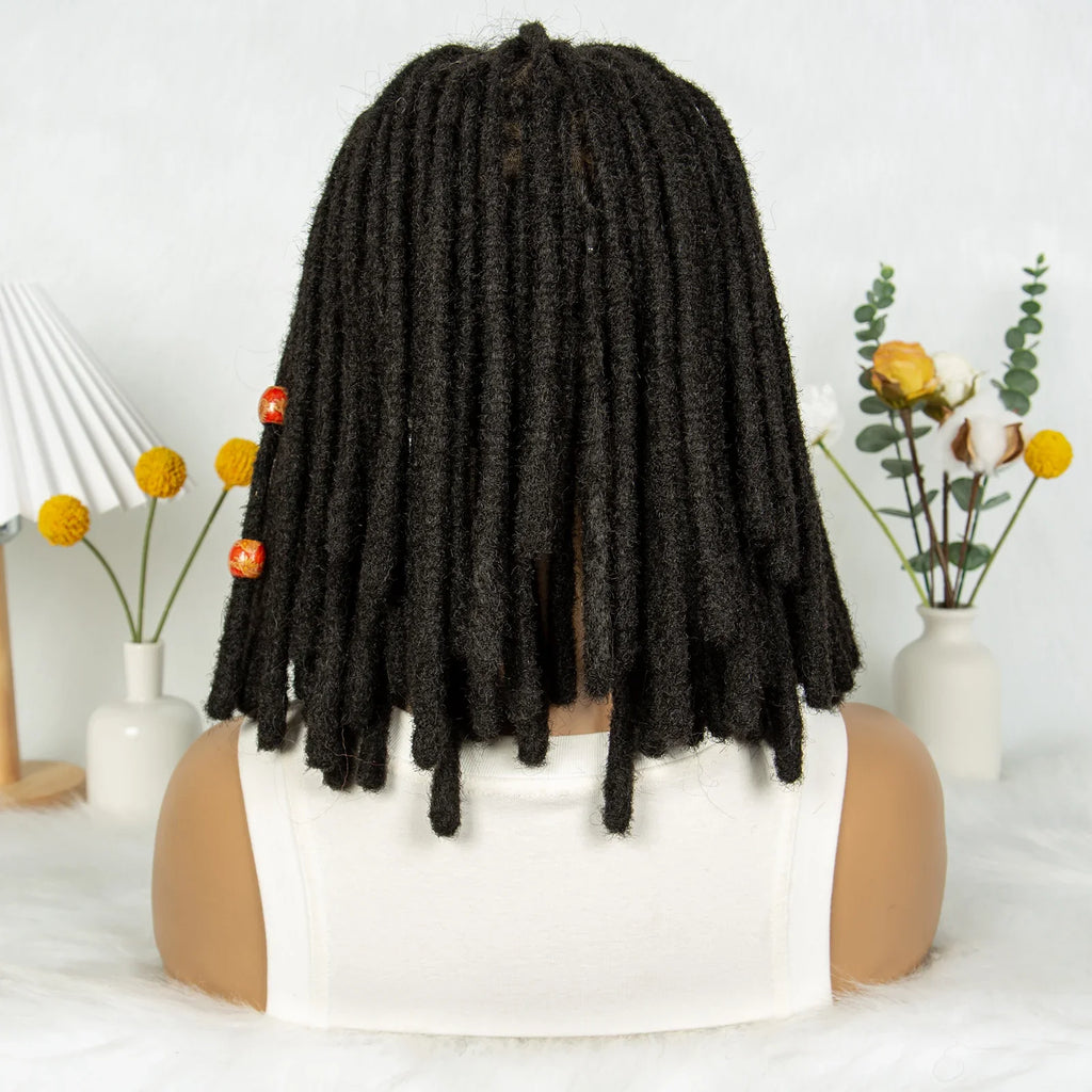Perruque courte avec tresses africaines et nattes | Dentelle complète | Cheveux de bébé | Inspiration africaine