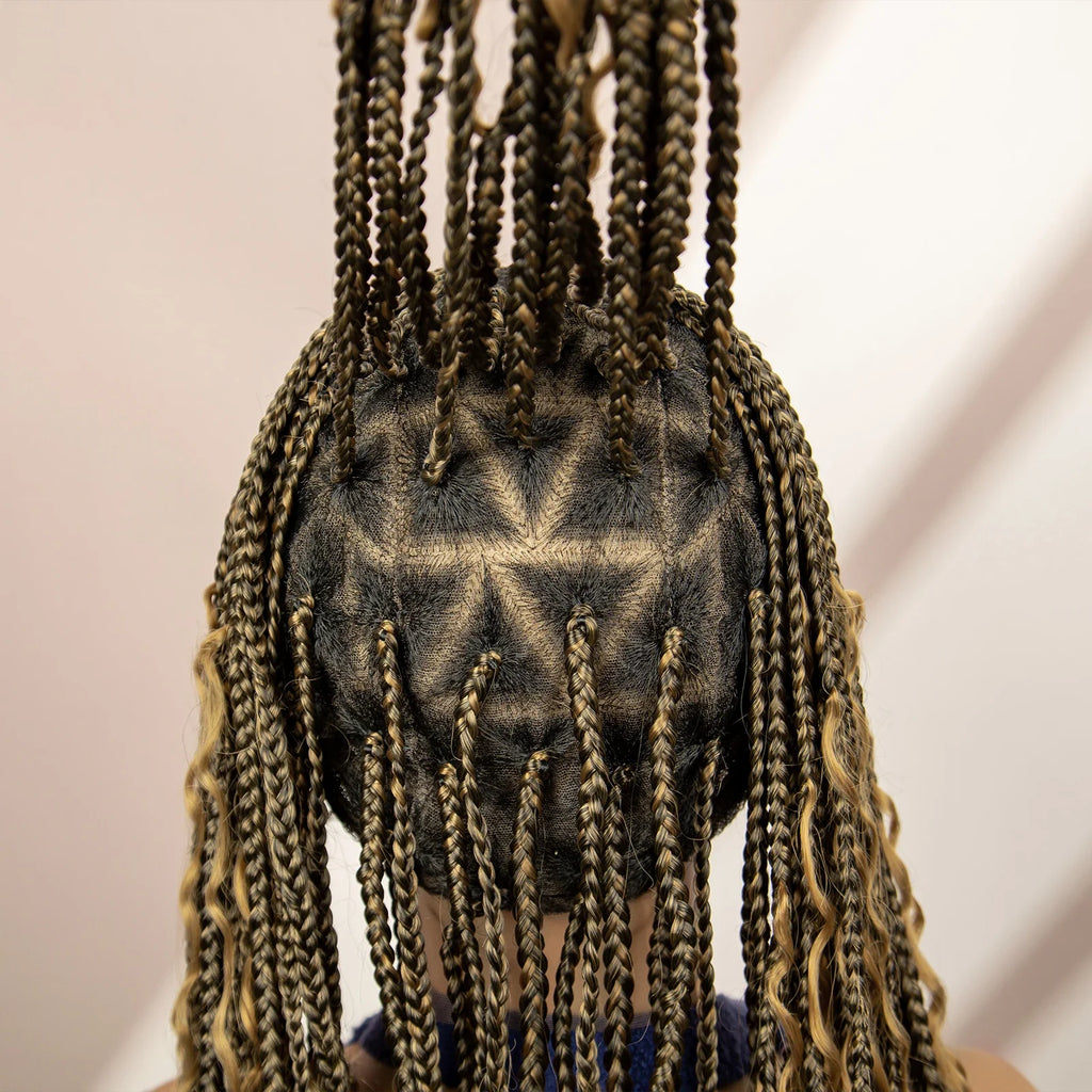 Perruque tressée boîte bohème avec cheveux bouclés | Accents dreadlocks style déesse | Perruque tressée marron en dentelle intégrale | Perruque tressée boîte bohème