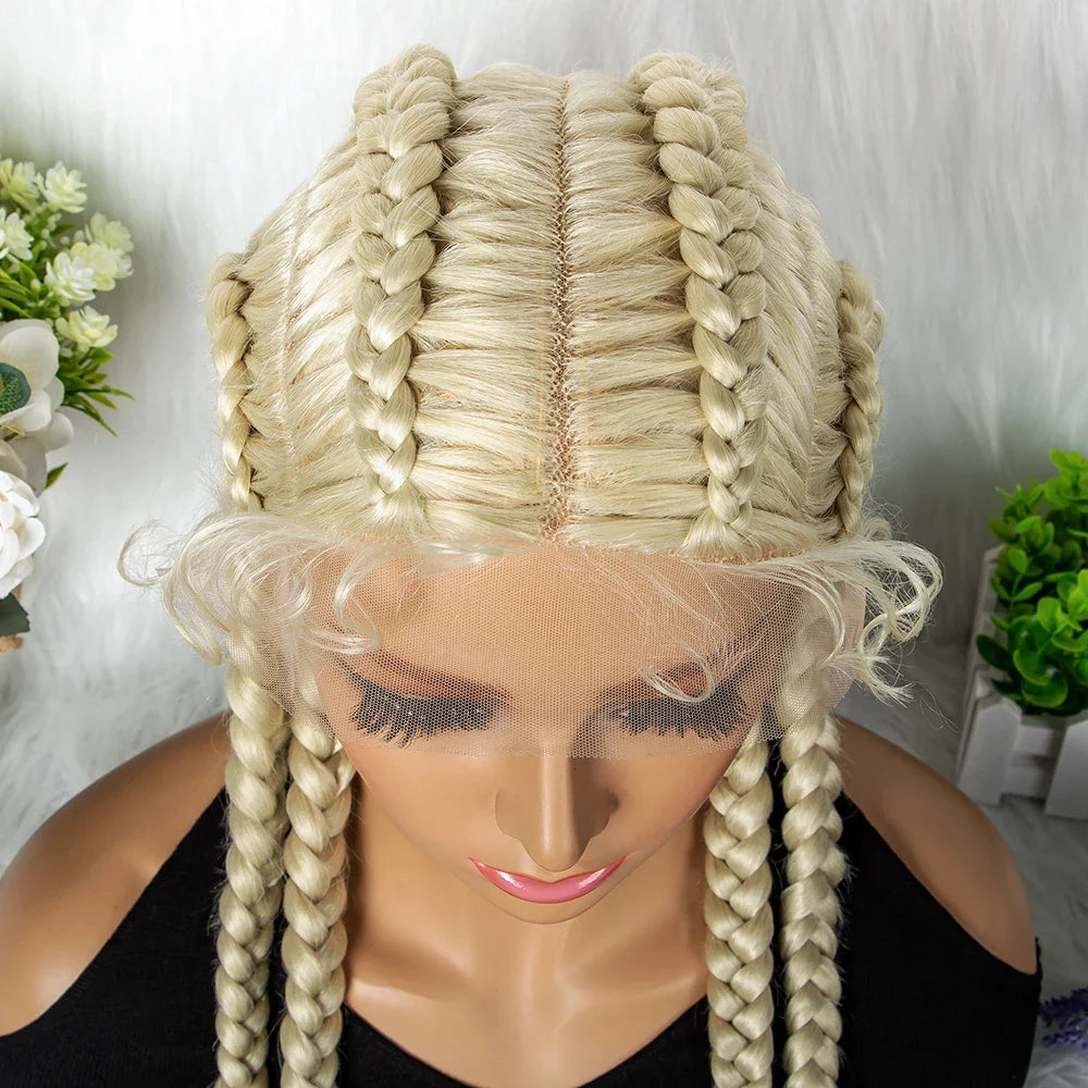 Perruque tressée de 36" 27/613 blonde cornrow | Tresses africaines frontales en dentelle | Perruque synthétique avec cheveux de bébé pour femmes noires