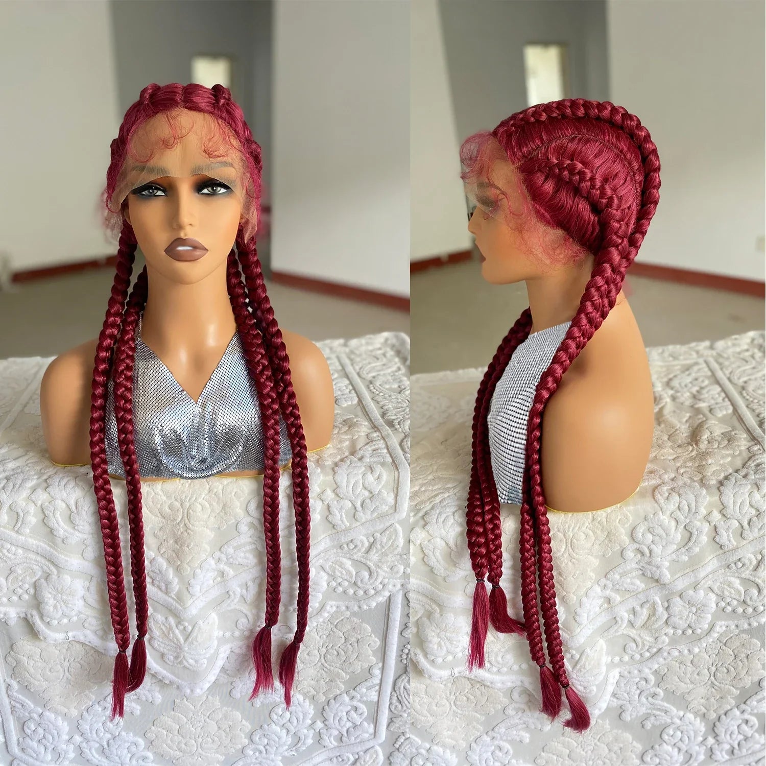 Perruque avant en dentelle torsadée sénégalaise de 32 pouces | 4 tresses collées | Avec des cheveux de bébé | Tresses synthétiques au crochet