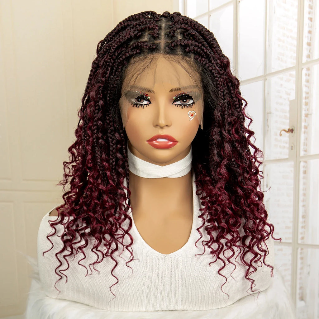 Perruque de tresses carrées bordeaux 14" | Entièrement lacée | Fibre Kanekalon | Tresses bohèmes | Pour femmes