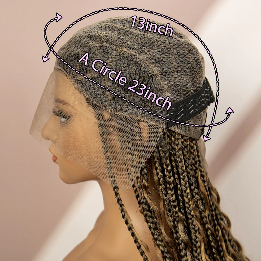 Perruque tressée boîte bohème avec cheveux bouclés | Accents dreadlocks style déesse | Perruque tressée marron en dentelle intégrale | Perruque tressée boîte bohème