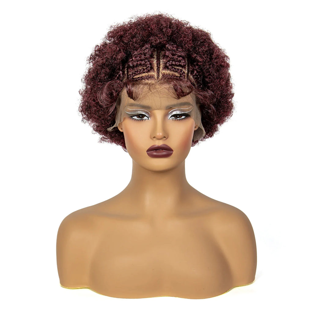 Perruque bob tressée afro bouclée bordeaux | Dentelle 13x6 | Cheveux de bébé | Boucles rebondissantes