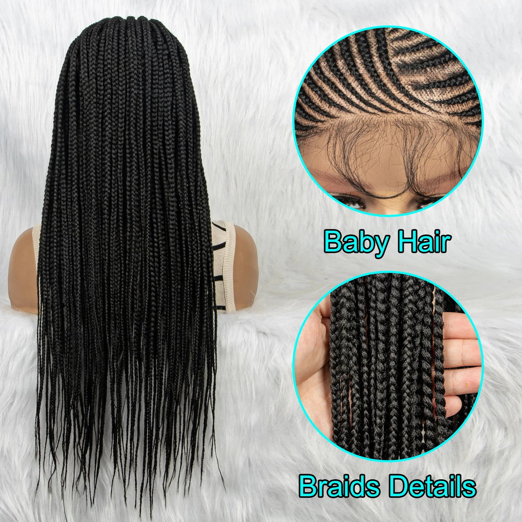 Perruque tressée frontale en dentelle HD 13x4 avec cheveux de bébé | Perruques tressées synthétiques pour femmes noires