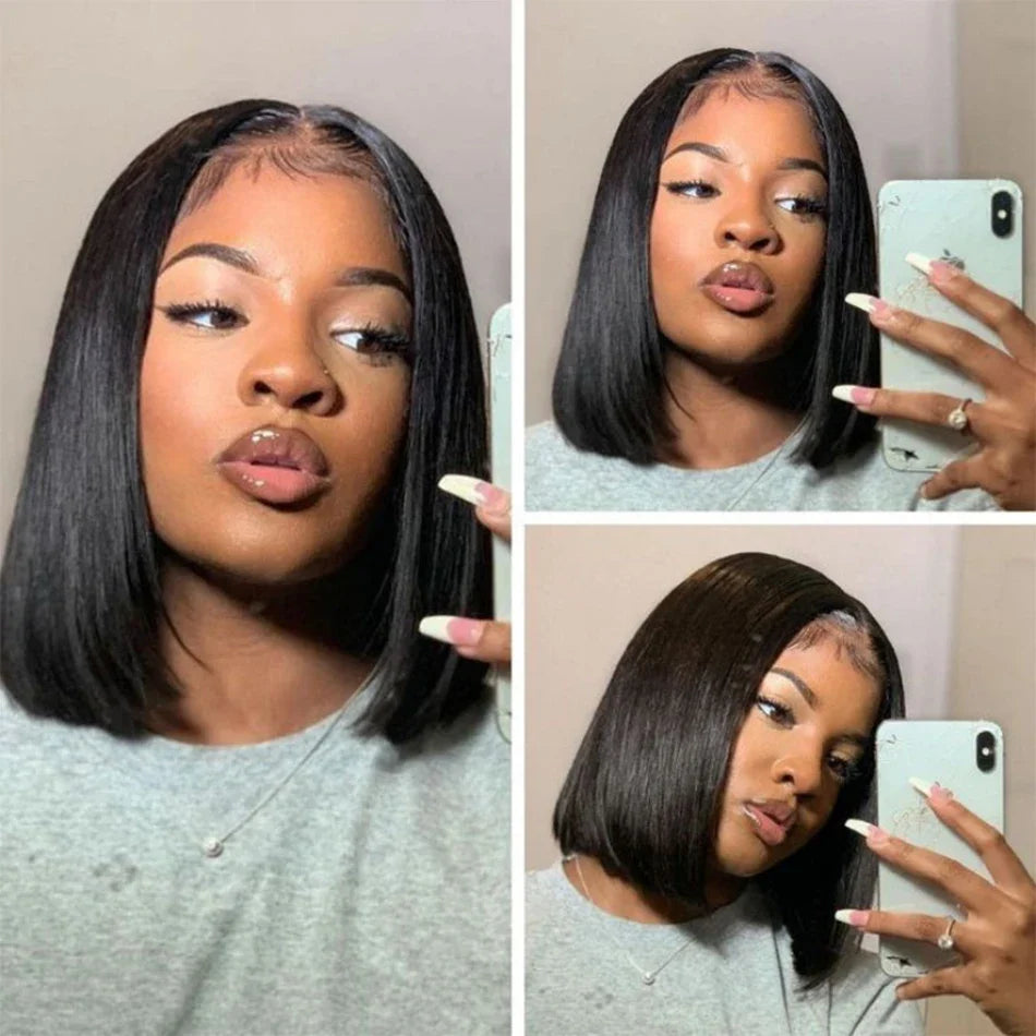 Perruque Bob Courte Droite Sans Colle 13x4 Lace Front Pré-Épilée avec Fermeture 4x4 Cheveux Humains Brésiliens Remy Ultra Lisses