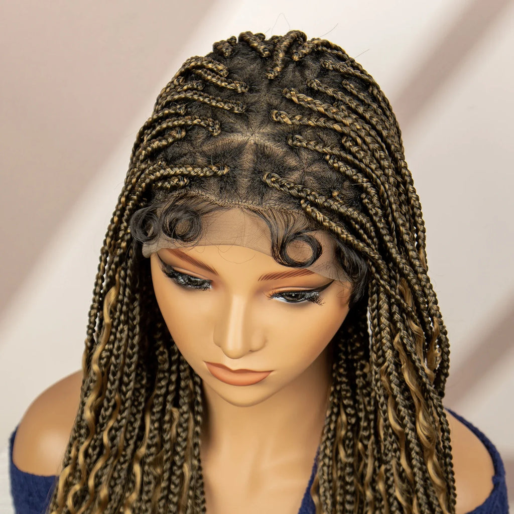Perruque tressée boîte bohème avec cheveux bouclés | Accents dreadlocks style déesse | Perruque tressée marron en dentelle intégrale | Perruque tressée boîte bohème
