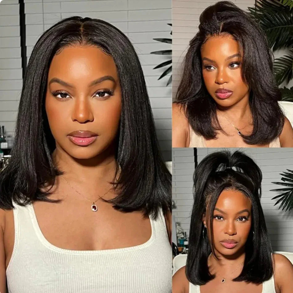 Perruque Bob lisse crépue sans colle 13x4 | Prête à porter | Cheveux humains brésiliens Remy