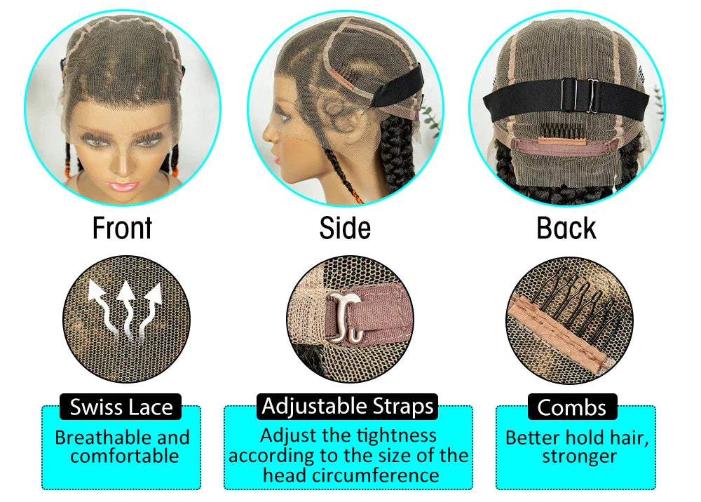 Perruque en dentelle complète tressée sans nœuds | Tresses africaines | Cheveux de bébé | Perruque tressée synthétique