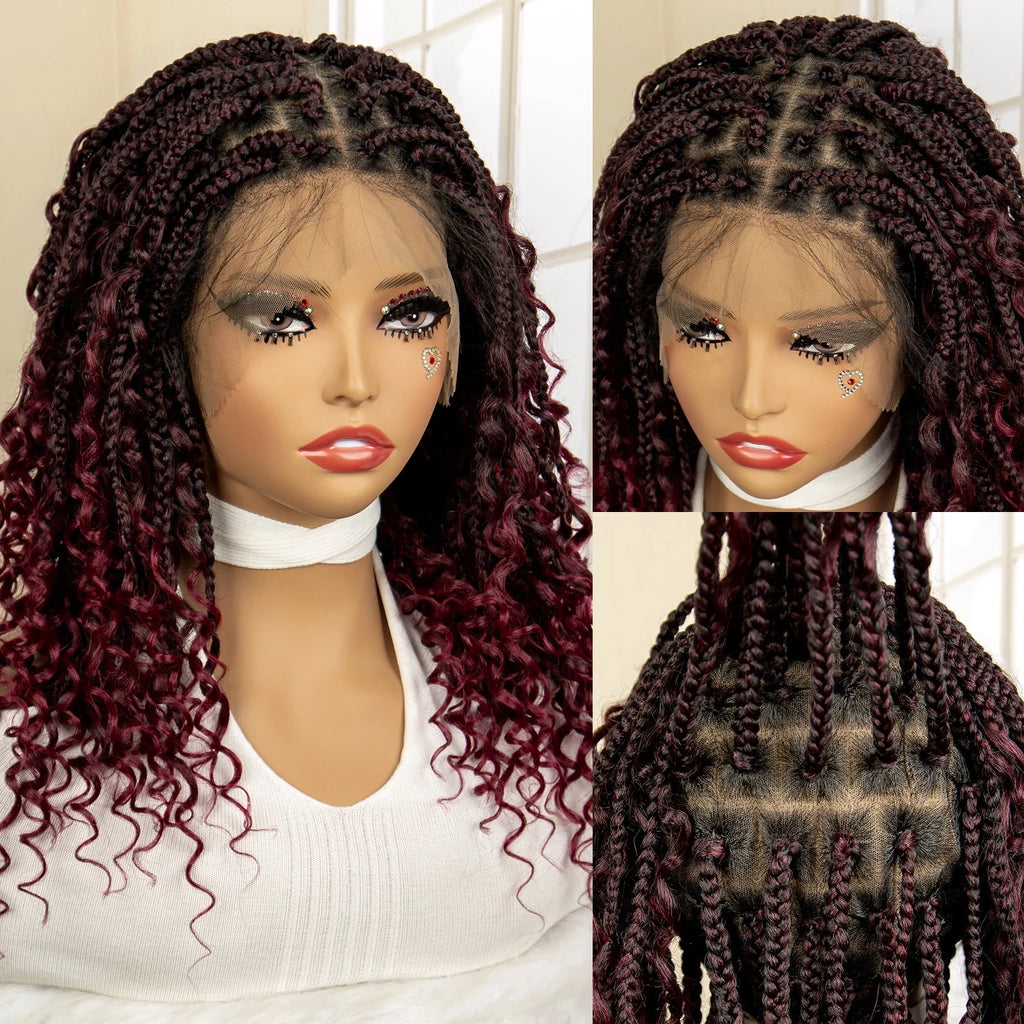 Perruque de tresses carrées bordeaux 14" | Entièrement lacée | Fibre Kanekalon | Tresses bohèmes | Pour femmes