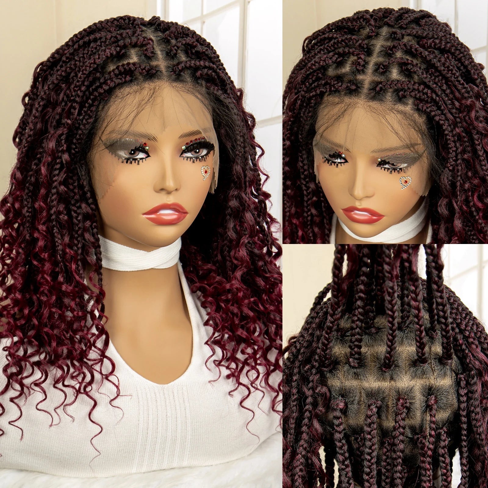 Perruque de tresses carrées bordeaux 14" | Entièrement lacée | Fibre Kanekalon | Tresses bohèmes | Pour femmes