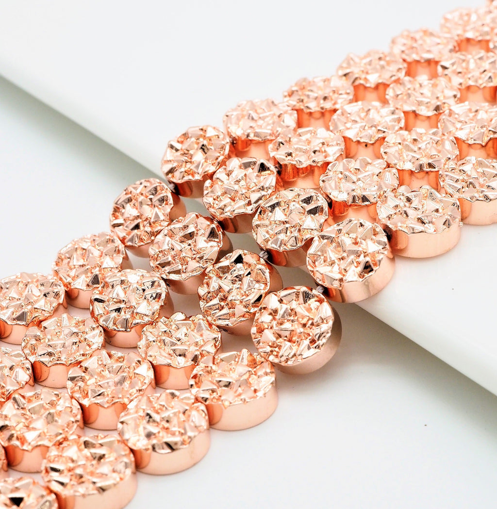 Natural Druzy Style Rose Gold Copper Color Hematite beads,Round Flat Coin Gemstone Beads,8mm/10mm/12mm, 15.5inch full strand,SKU#S98
