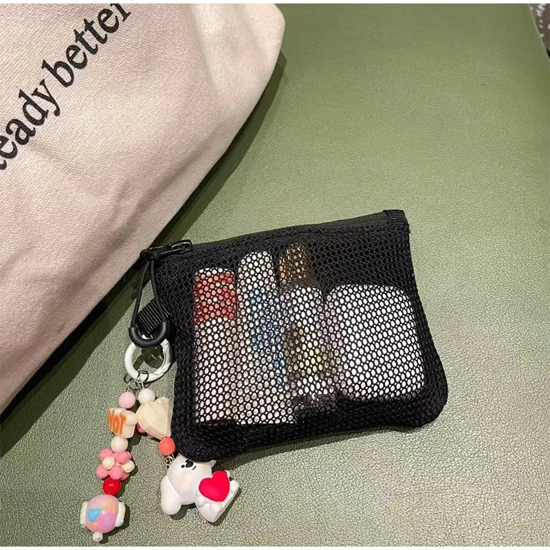 Trousses de maquillage de voyage | Nouvelle pochette à monnaie en maille et mini sac portable simple (sac carré polyvalent, porte-cartes à double fermeture éclair)
