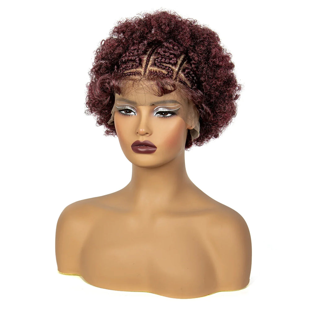 Perruque bob tressée afro bouclée bordeaux | Dentelle 13x6 | Cheveux de bébé | Boucles rebondissantes