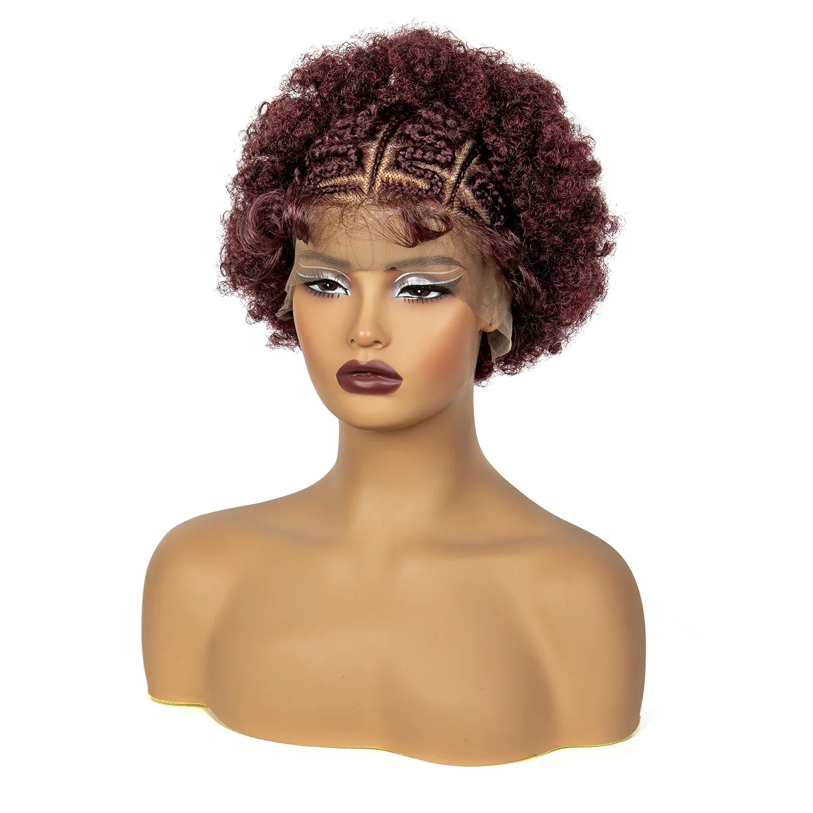 Perruque bob tressée afro bouclée bordeaux | Dentelle 13x6 | Cheveux de bébé | Boucles rebondissantes