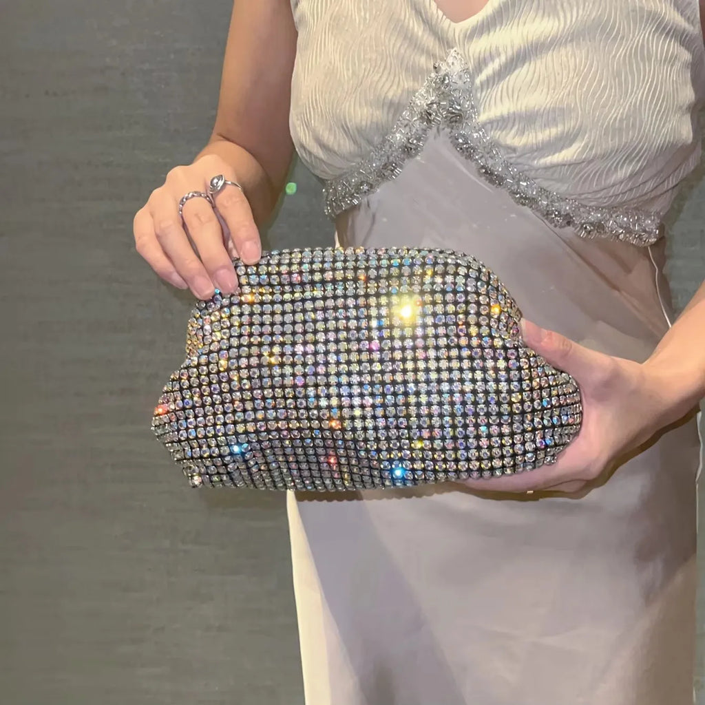 Sac à main de luxe pour femme en forme de nuage scintillant | Sac de soirée en cristal brillant avec strass et diamants (Pochette de soirée pour mariage, Sac à bandoulière)