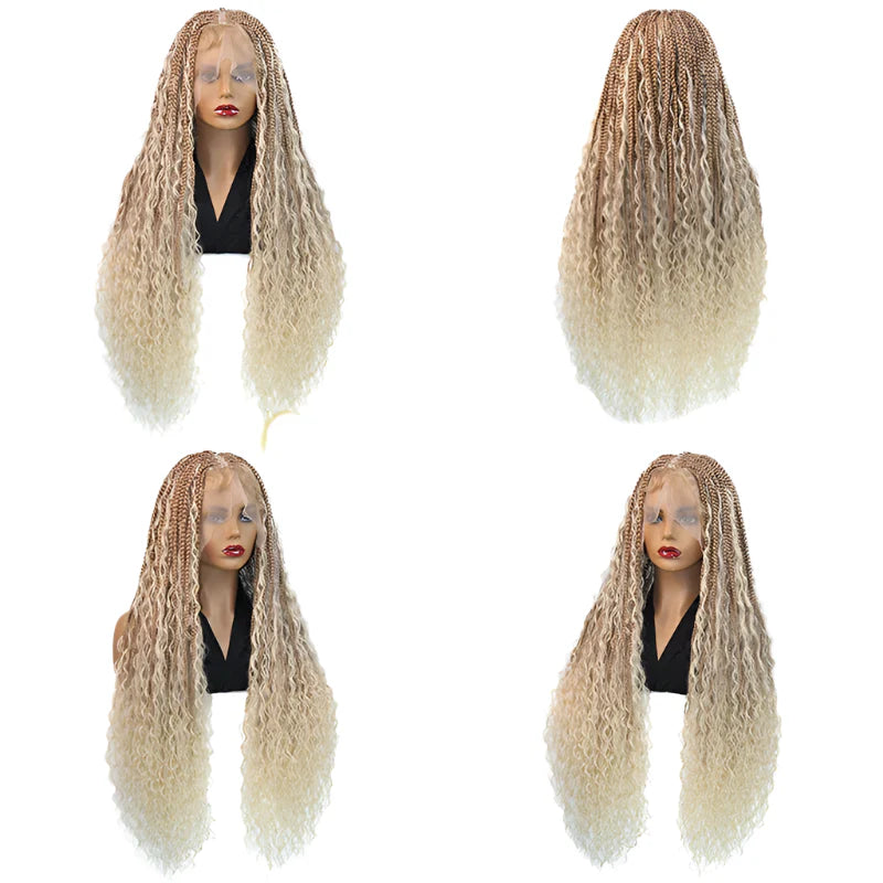 Perruque tressée bohème 32" | Ombré blond | Tresses carrées & boucles de déesse | Lace complète | Tresses collées | Cheveux synthétiques
