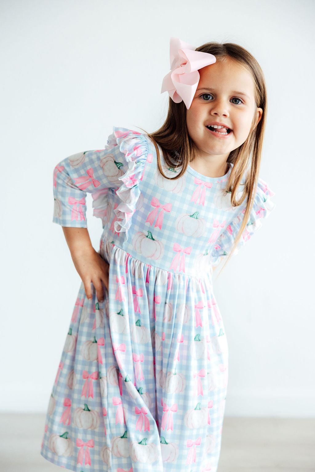 SALE Pumpkin Picnic 3/4 Sleeve Ruffle Twirl Dress