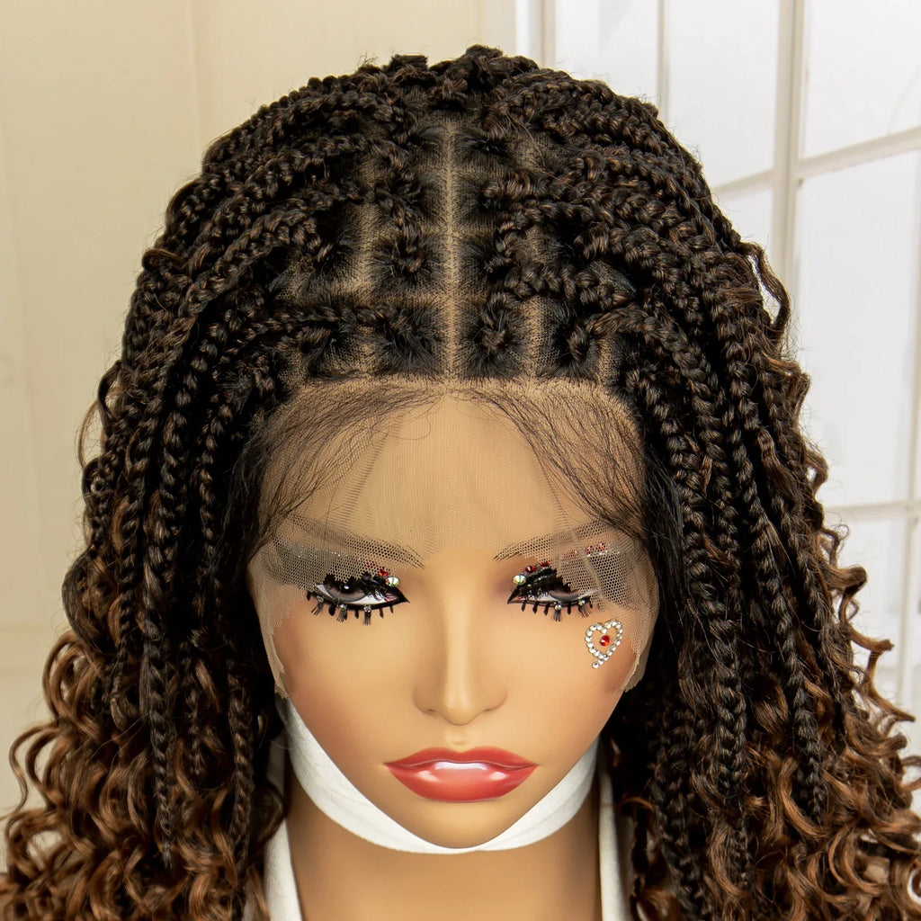 Perruque de tresses carrées bordeaux 14" | Entièrement lacée | Fibre Kanekalon | Tresses bohèmes | Pour femmes