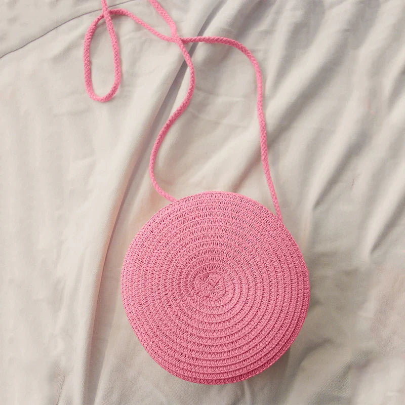 Sac bandoulière tissé en paille pour femme | Petit sac à main de plage rond en rotin fait main (sac à bandoulière pour femme)