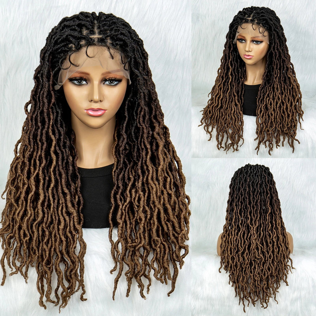 Perruque tressée sans nœuds avec pointes bouclées et cheveux de bébé | Perruque synthétique Lace Front pour femmes noires