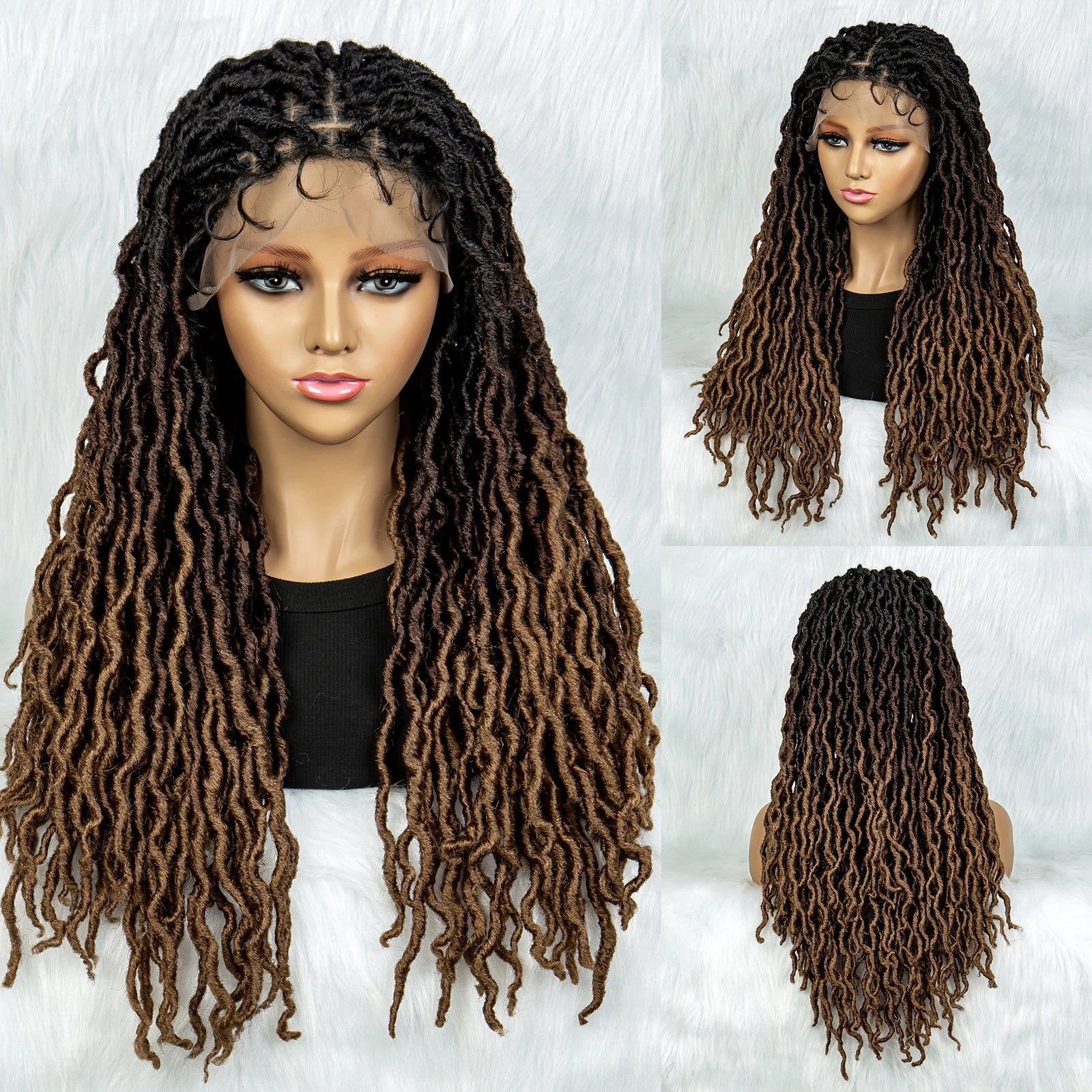 Perruque tressée sans nœuds avec pointes bouclées et cheveux de bébé | Perruque synthétique Lace Front pour femmes noires