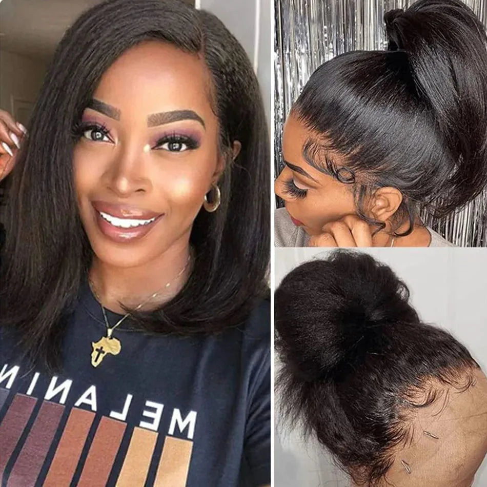 Perruque Bob lisse crépue sans colle 13x4 | Prête à porter | Cheveux humains brésiliens Remy