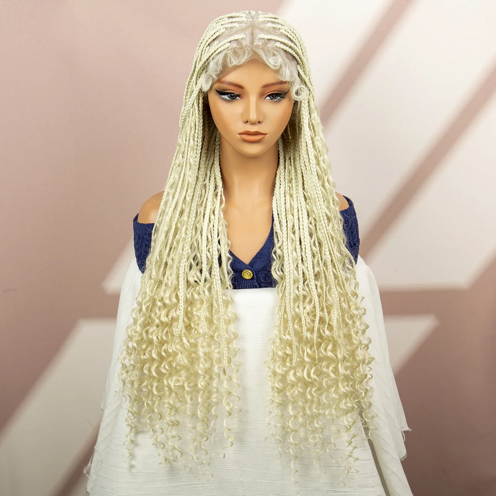 Perruque tressée boîte bohème avec cheveux bouclés | Accents dreadlocks style déesse | Perruque tressée marron en dentelle intégrale | Perruque tressée boîte bohème