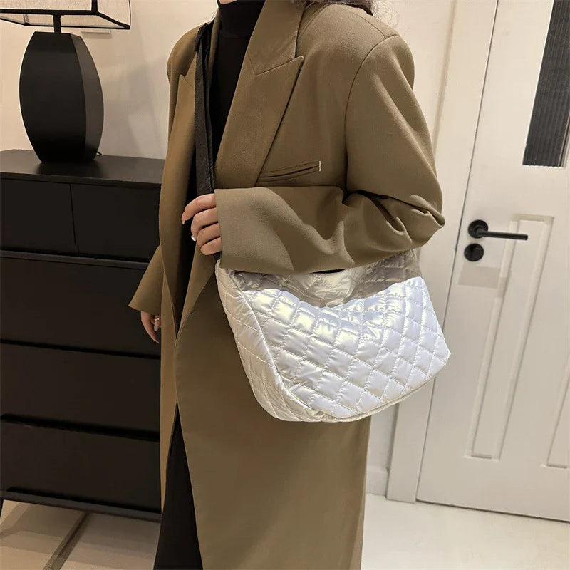 Sacs à main matelassés en nylon tendance pour femme | Sacs à poignée supérieure grande capacité et sacs bandoulière couleur unie (sacs à bandoulière d'hiver pour femme)