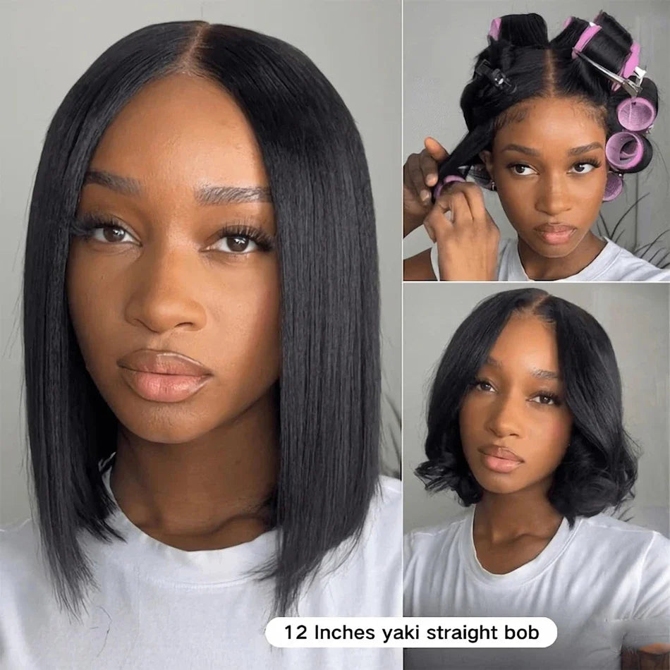 Perruque bob droite crépue sans colle 13x4 | Prête à porter | Cheveux brésiliens Remy | Dentelle transparente HD