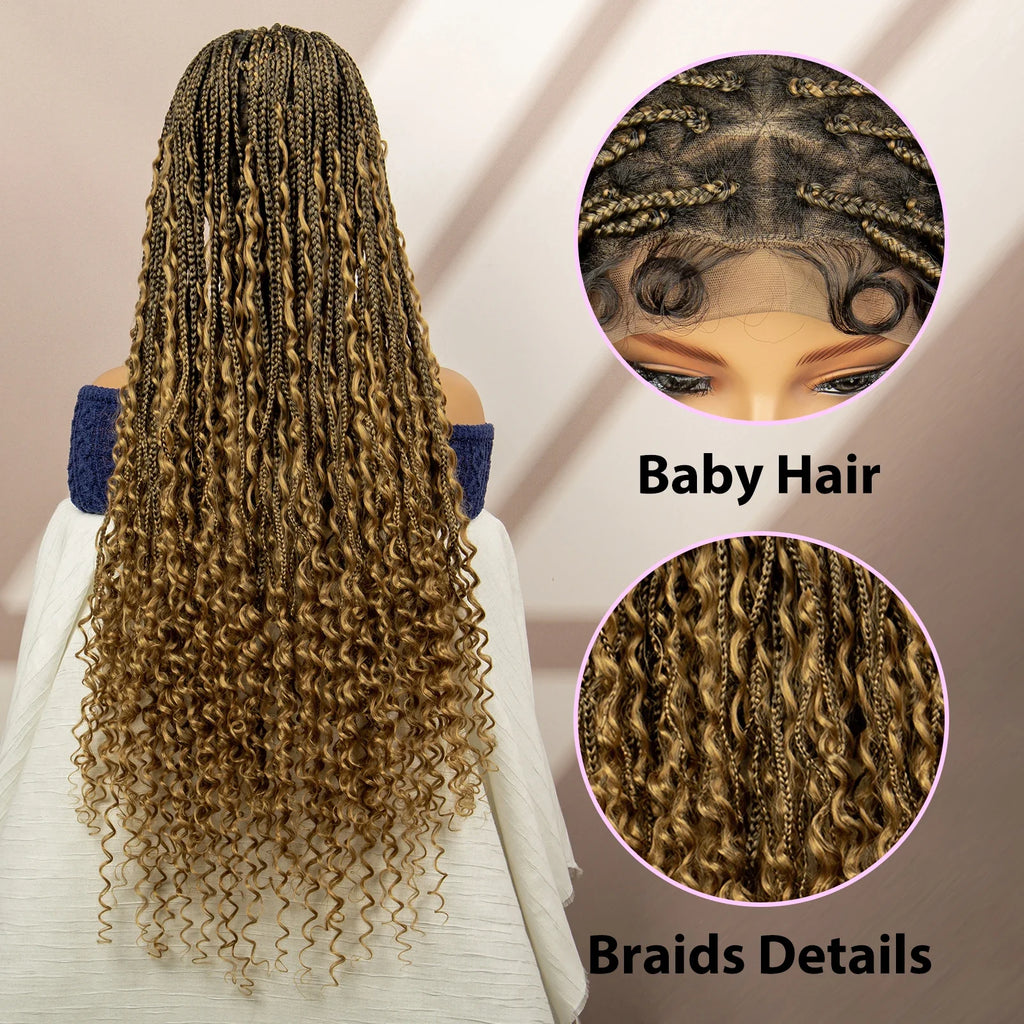 Perruque tressée boîte bohème avec cheveux bouclés | Accents dreadlocks style déesse | Perruque tressée marron en dentelle intégrale | Perruque tressée boîte bohème