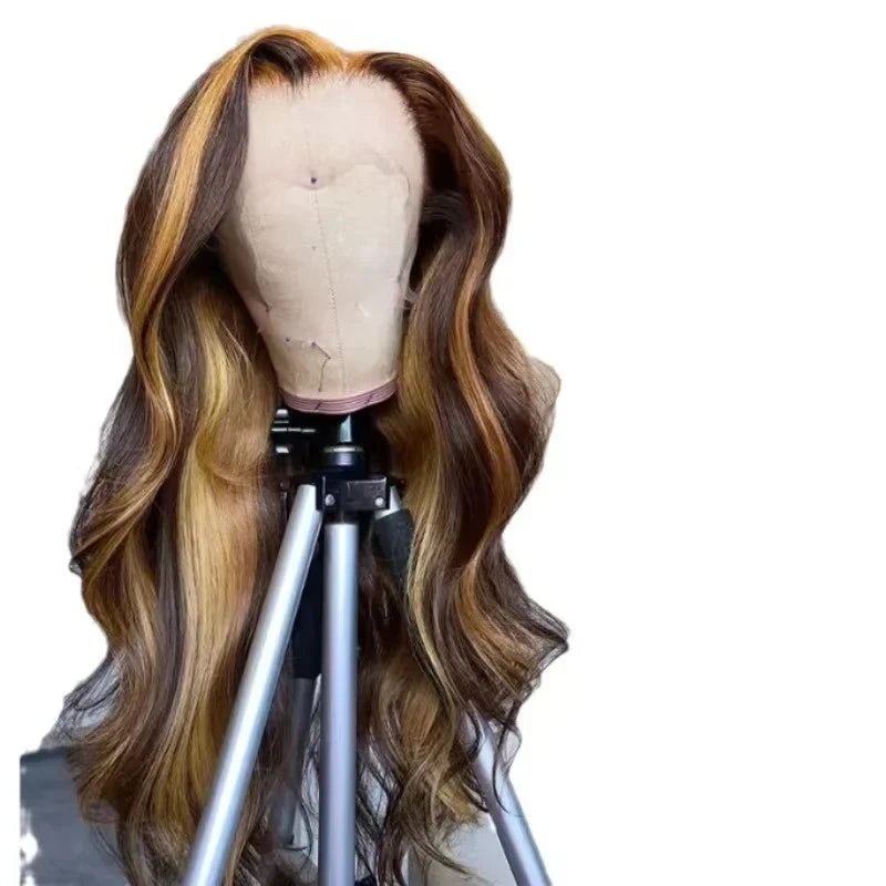 Perruque de cheveux humains brésiliens Body Wave Lace Front de 65 CM, couleur piano blond méché et miel pour femmes