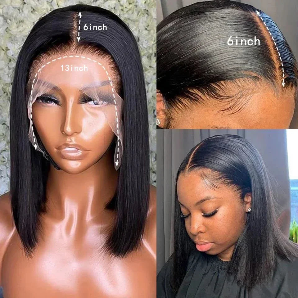 Perruque carrée courte et droite noire naturelle | Cheveux humains (180 % de densité, prêt à porter) avec dentelle frontale T-Part 13x6x1