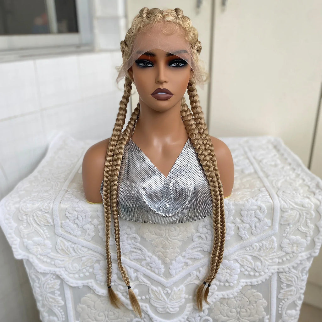 Perruque avant en dentelle torsadée sénégalaise de 32 pouces | 4 tresses collées | Avec des cheveux de bébé | Tresses synthétiques au crochet