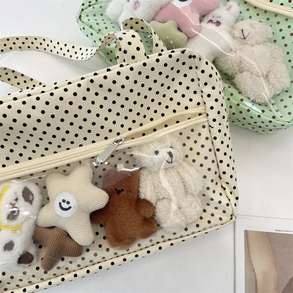 Sac Ita Y2K Ulzzang pour femmes | Sac à bandoulière et fourre-tout sous le bras en toile à pois tendance (Poche transparente, Mode jeune)
