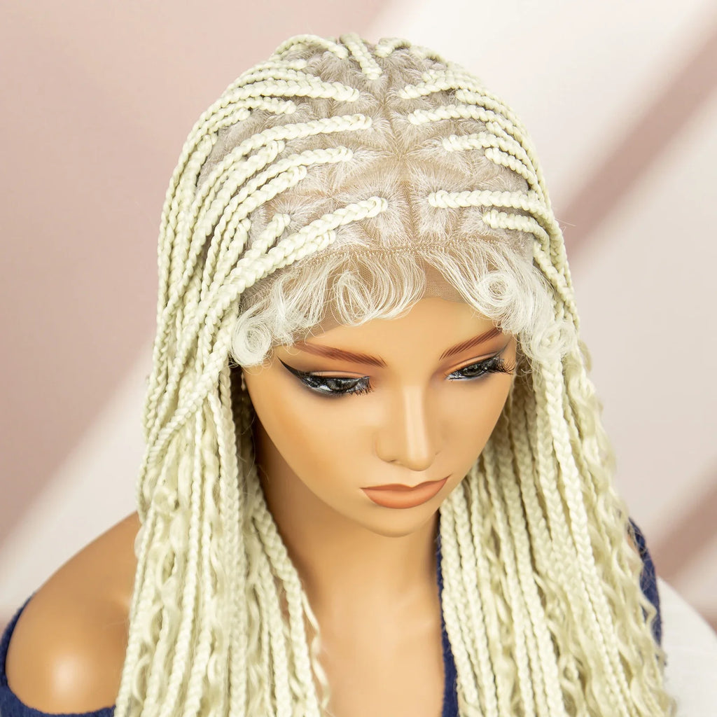 Perruque tressée boîte bohème avec cheveux bouclés | Accents dreadlocks style déesse | Perruque tressée marron en dentelle intégrale | Perruque tressée boîte bohème