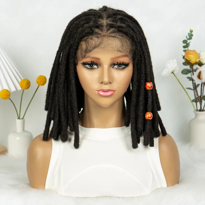 Perruque courte avec tresses africaines et nattes | Dentelle complète | Cheveux de bébé | Inspiration africaine