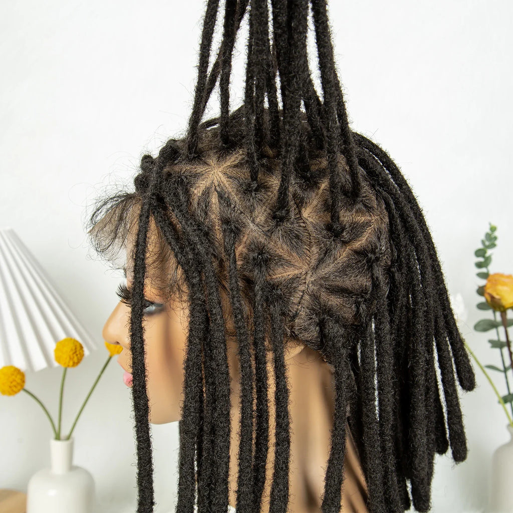 Perruque courte avec tresses africaines et nattes | Dentelle complète | Cheveux de bébé | Inspiration africaine