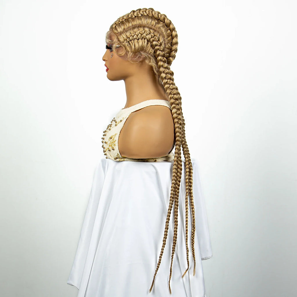 Perruque tressée de 36" 27/613 blonde cornrow | Tresses africaines frontales en dentelle | Perruque synthétique avec cheveux de bébé pour femmes noires