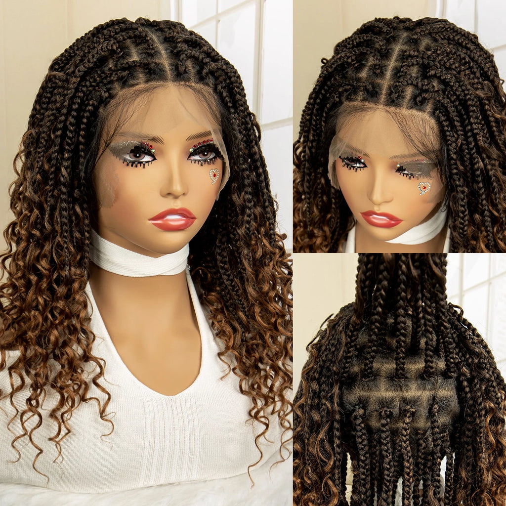 Perruque de tresses carrées bordeaux 14" | Entièrement lacée | Fibre Kanekalon | Tresses bohèmes | Pour femmes