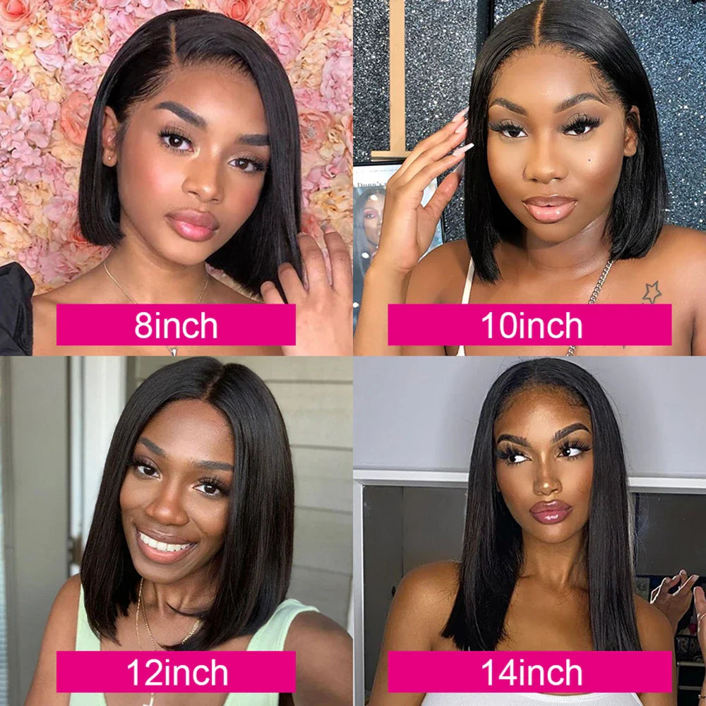 Perruque Bob Courte Droite Sans Colle 13x4 Lace Front Pré-Épilée avec Fermeture 4x4 Cheveux Humains Brésiliens Remy Ultra Lisses