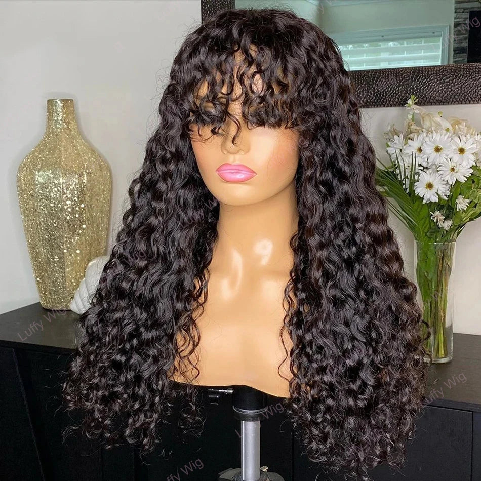 Perrque de 30 pouces ondulée, coupe lâche, avec frange | Cheveux brésiliens Remy humains, entièrement fabriqués à la machine (Naturelle, toutes les couleurs peuvent être teintes)