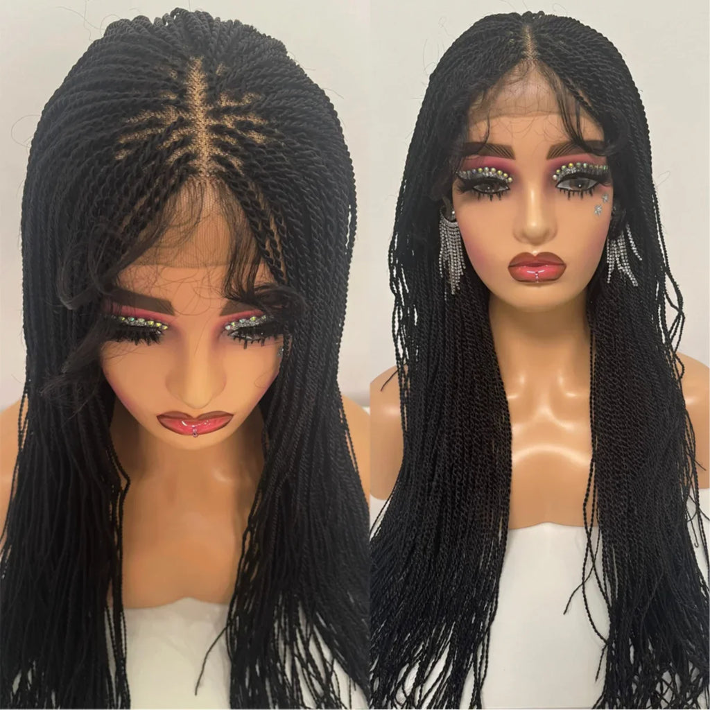 Perruque de tresses micro-torsadées de 28" | Style de tresses sénégalaises | Perruque Lace Front Transparente | Cheveux Kanekalon